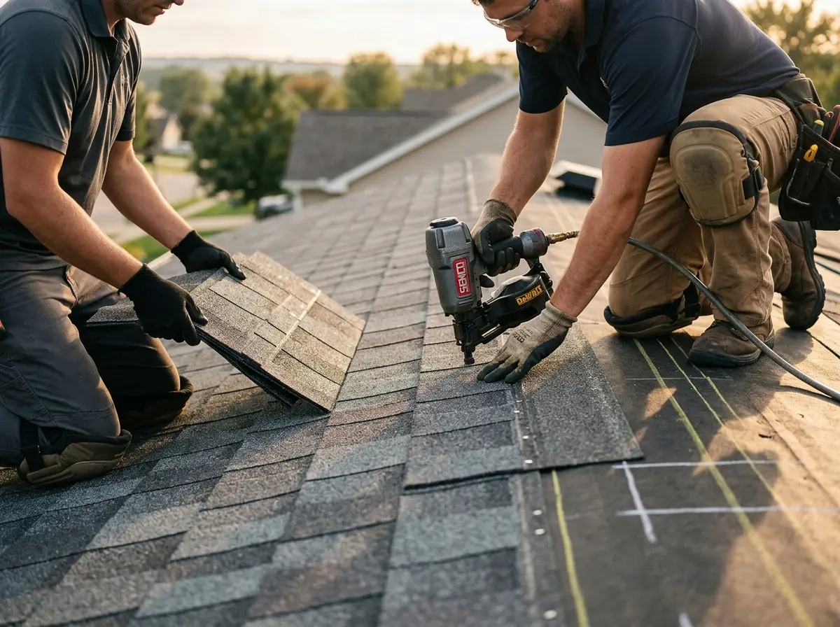 Professional roofer working on a residential roof in Bailey's Crossroads